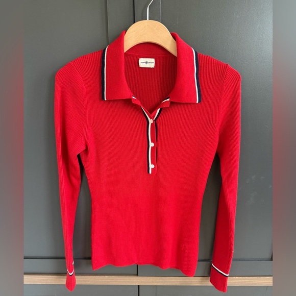 Tory Burch Red 100% Merino Half Button Down Polo Shirt • S - Picture 1 of 8